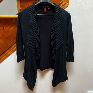 Elegant Black Ruffled Women's Cardigan, 3/4 sleeves, 100% cotton , size L